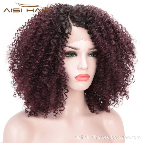 Aisi Hair 14 Inch Short Ombre Brown Dark Root Wig Afro Kinky Curly Lace Front Wig Synthetic Front Lace Hair Wigs For Black Women